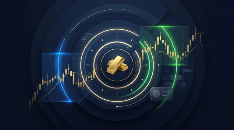 Gold trading dashboard with XAUUSD charts, global session clock, and highlighted market trading windows.