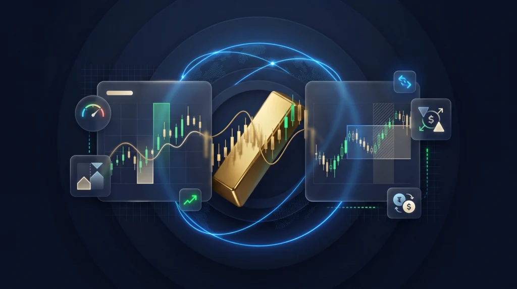 Gold trading dashboard connecting MCX futures, XAU/USD markets, price charts, and risk controls.