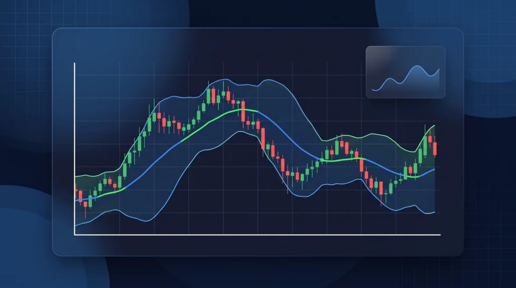 XAU/USD chart with a moving average, volatility band, and minimal momentum confirmation panel.