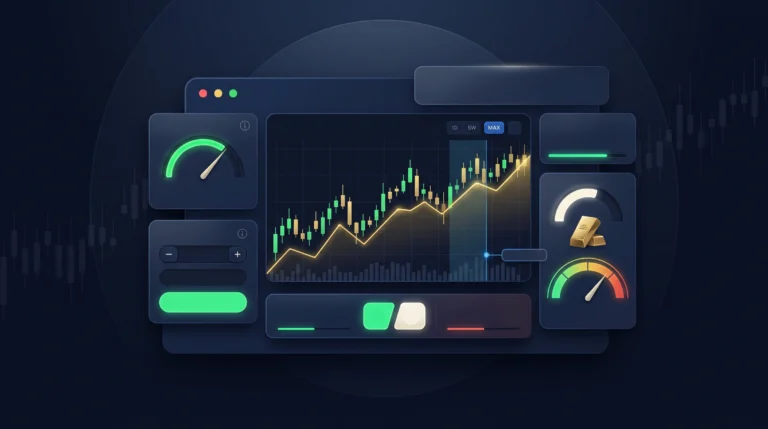 Gold trading dashboard showing leverage, margin, XAU/USD price movement, position size, and risk controls.