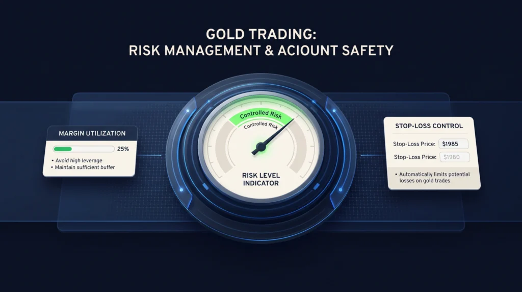 Risk meter, margin panel, and stop-loss control illustrate gold trading account safety.