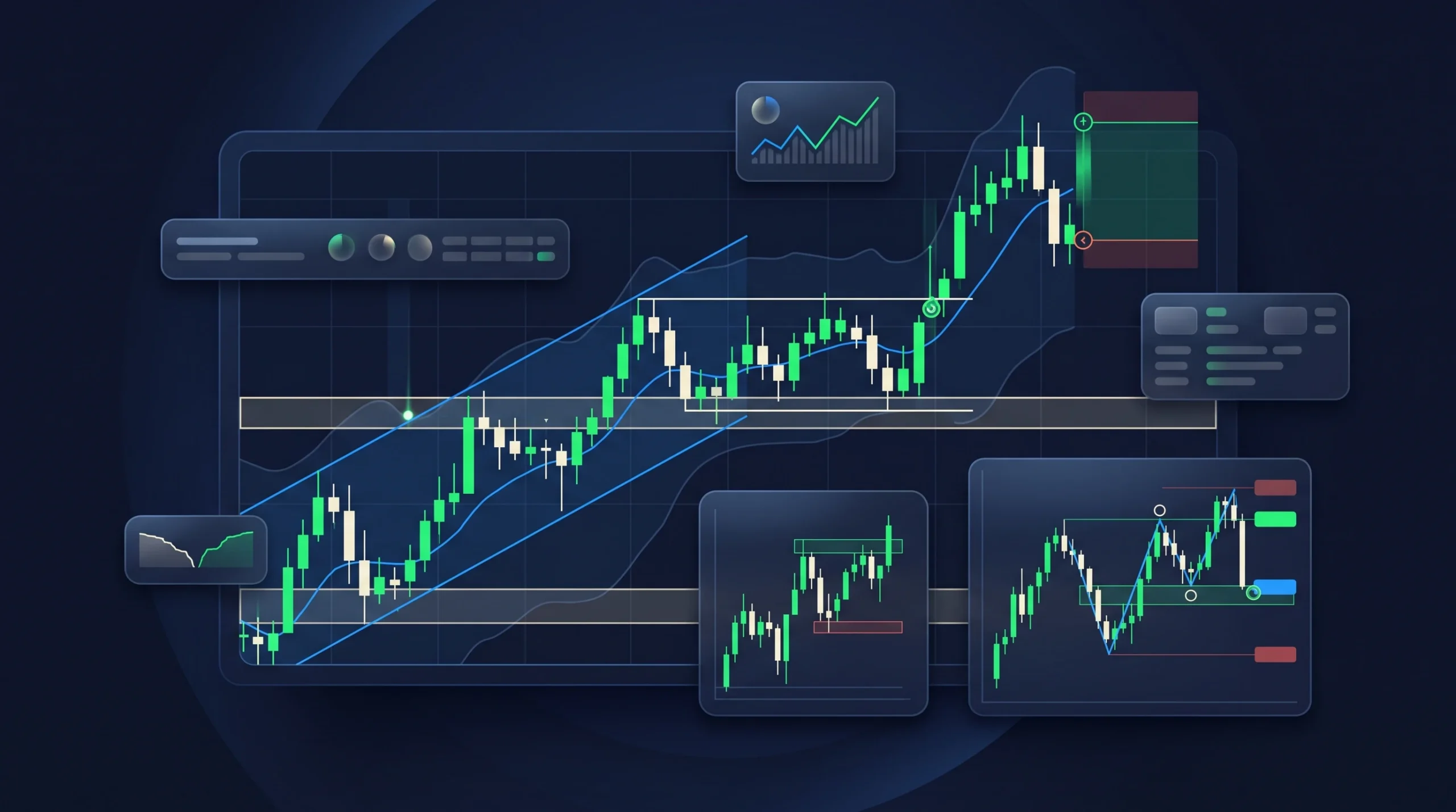 Gold chart showing trend, breakout, range, scalping, and swing trading setups.