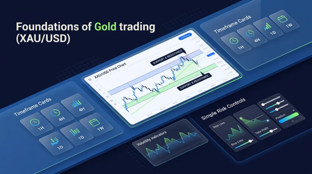 Gold trading dashboard showing market structure, volatility, key levels, timeframes, and risk controls.