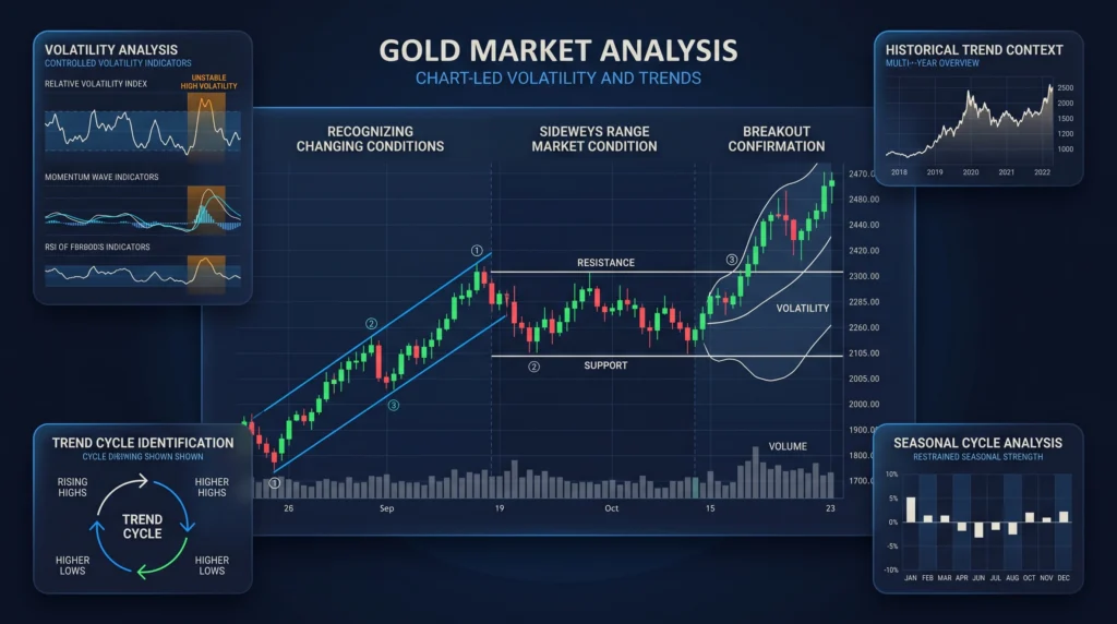 Gold candlestick chart showing trending, ranging, breakout, volatility, and historical market conditions.