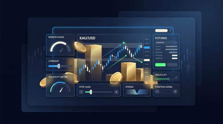 Gold trading dashboard with XAU/USD charts, CFD risk controls, futures panels, and market indicators.