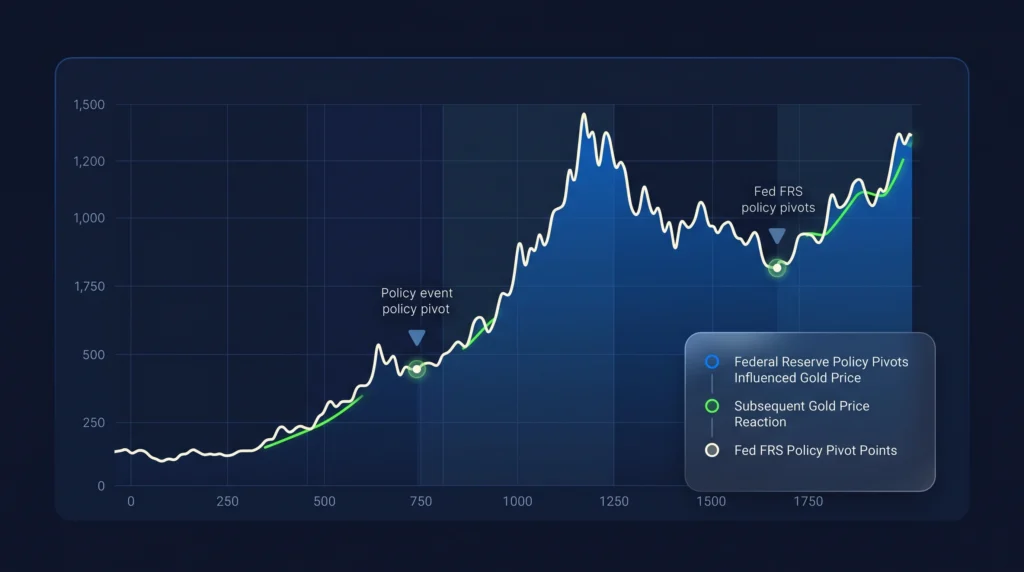 Long-term bullion price line with three understated Federal Reserve policy markers.
