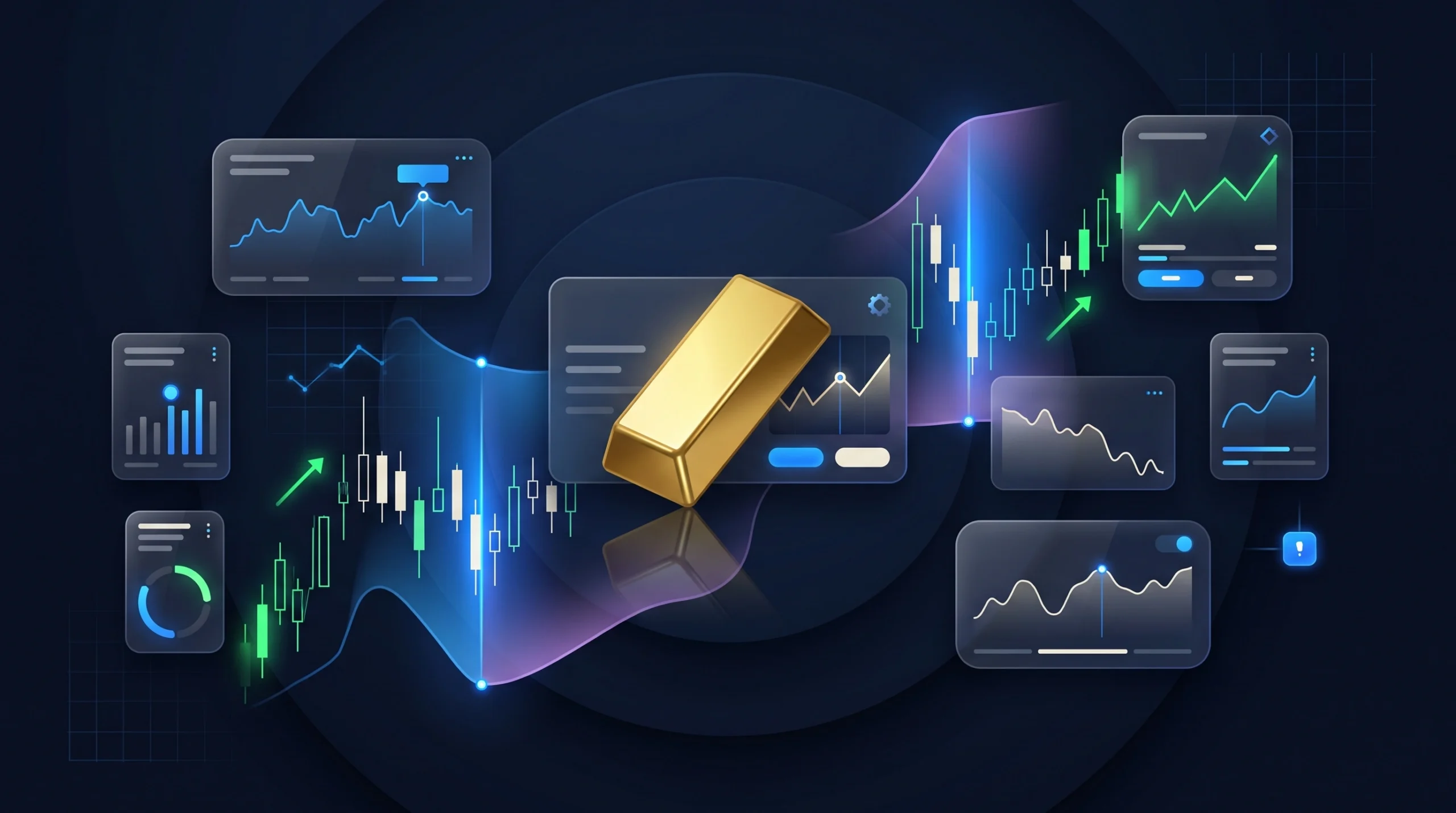 Gold trading dashboard showing NFP-driven volatility, USD movement, yields, and XAU/USD price action.