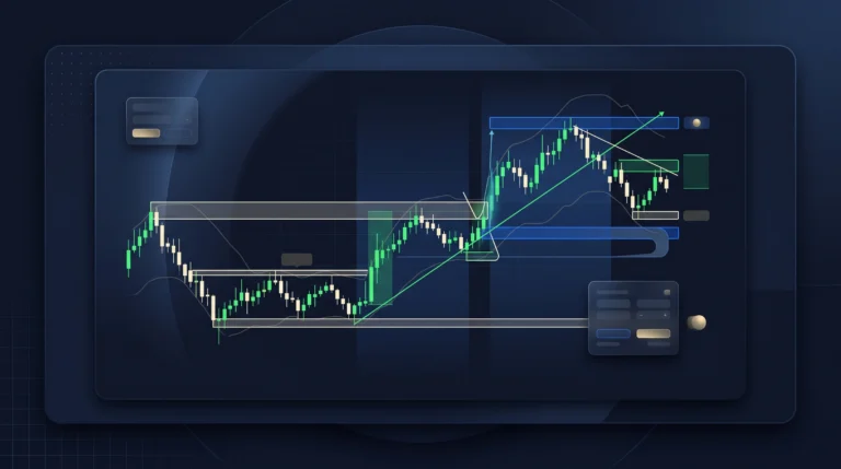 Intraday gold chart showing session volatility, support, resistance, and entry setups on a dark trading dashboard.