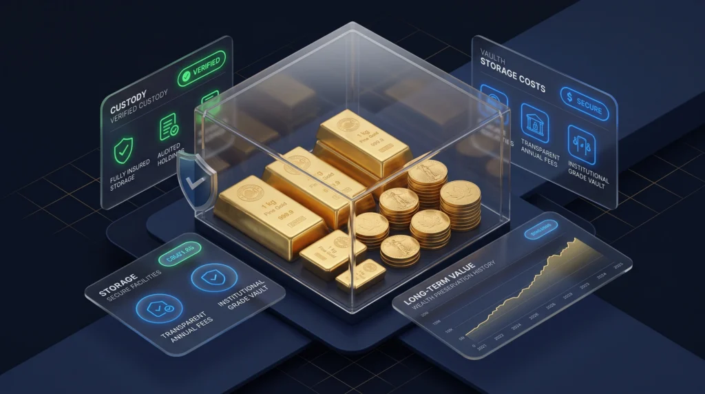  Gold bars and coins secured in a vault with storage, insurance, and custody indicators.