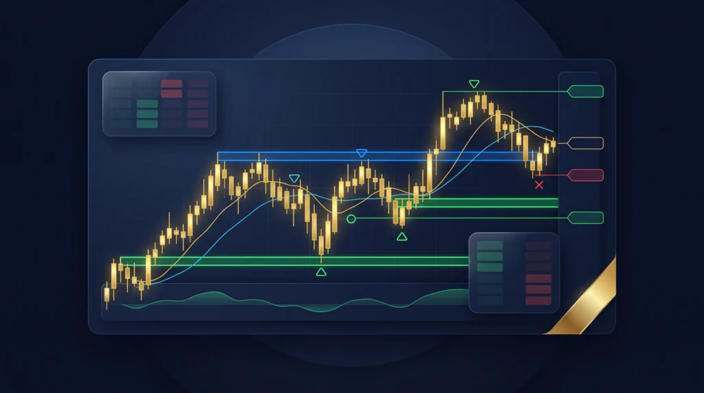  XAU/USD scalping dashboard with gold candlesticks, support zones, momentum signals, and risk controls.
