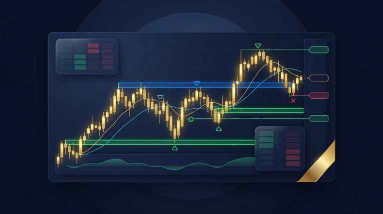 XAU/USD scalping dashboard with gold candlesticks, support zones, momentum signals, and risk controls.