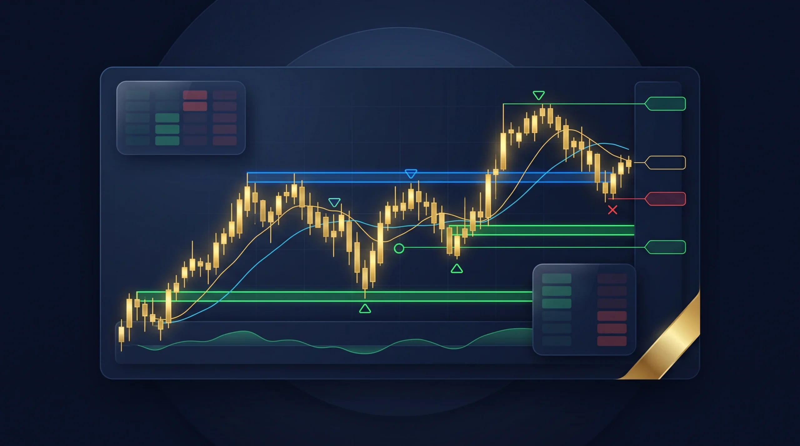 XAU/USD scalping dashboard with gold candlesticks, support zones, momentum signals, and risk controls.