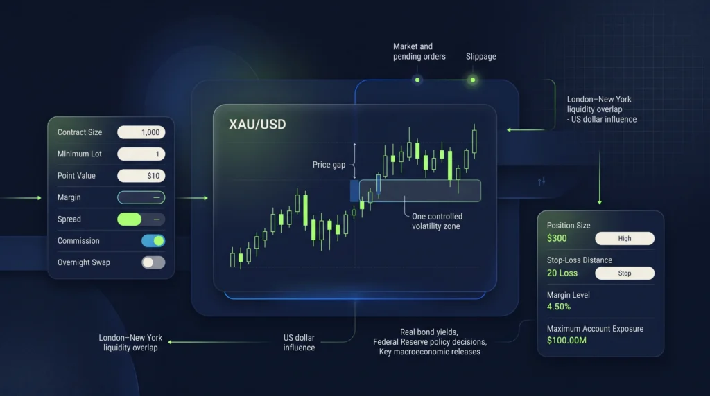 XAU/USD chart with contract specifications, trading costs, margin controls, and position risk indicators.