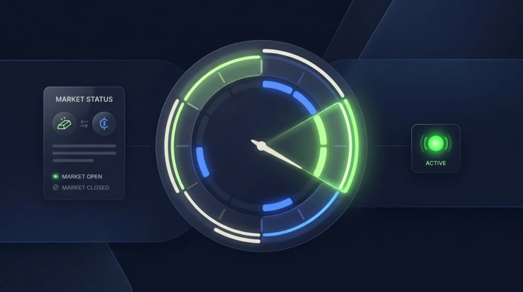 Minimal IST clock visual showing XAU/USD market hours and platform timing for traders in India.