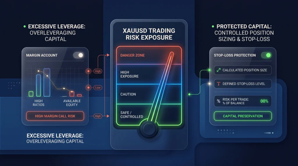 XAUUSD risk meter with margin exposure, position sizing, and stop-loss protection.
