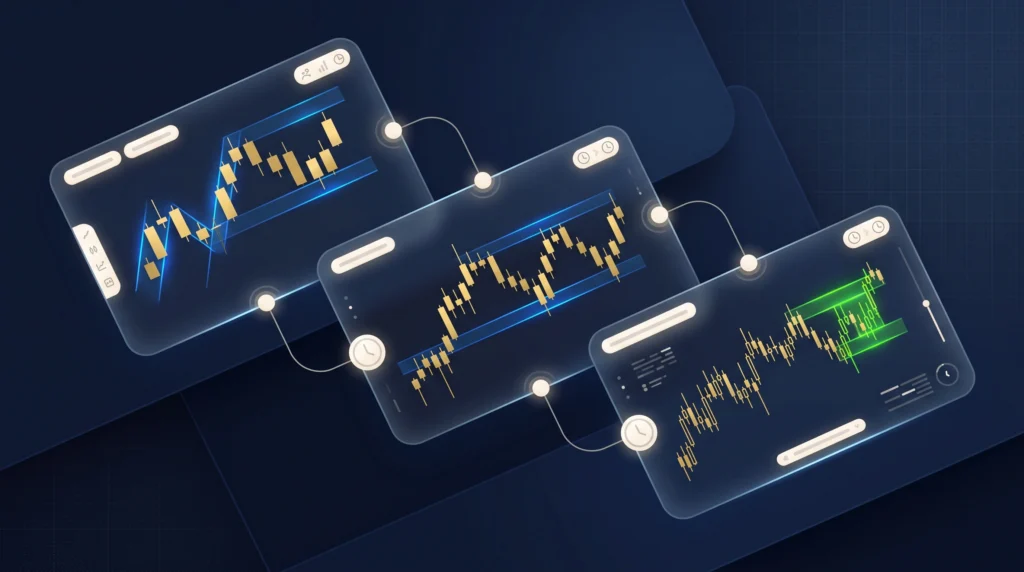 Weekly, daily, four-hour, and one-hour views aligned for a structured XAU/USD swing trade.
