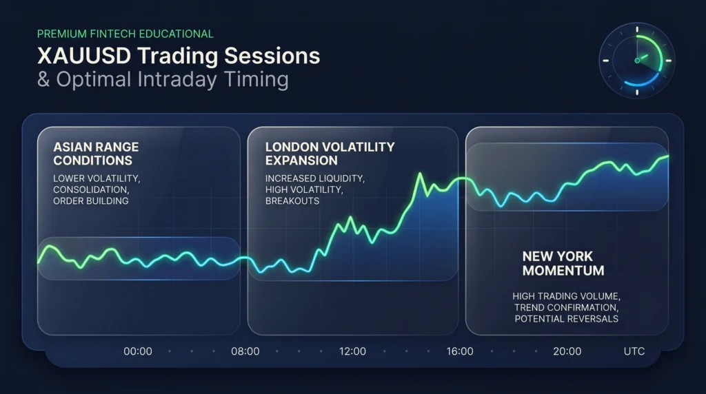 XAUUSD session timeline showing Asian consolidation, London expansion, and New York momentum.