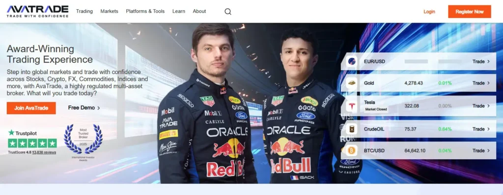 AvaTrade multi asset broker interface featuring currency pairs and Red Bull Racing team. 