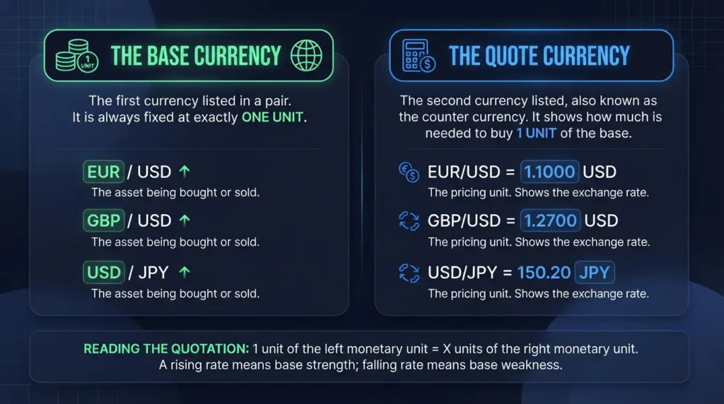 Diagram explaining base currency and quote currency structure in exchange rates.