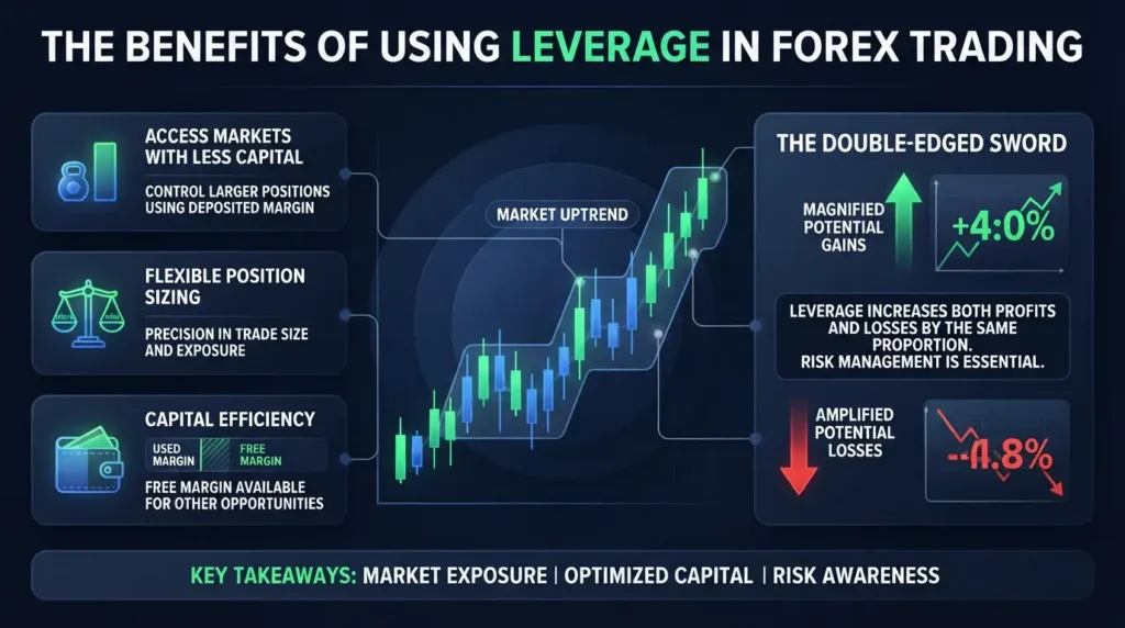 Benefits of using leverage in forex trading showing magnified potential gains and amplified losses.
