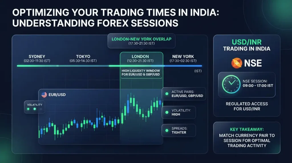 Diagram showing the best time to trade forex in India during overlapping sessions. 