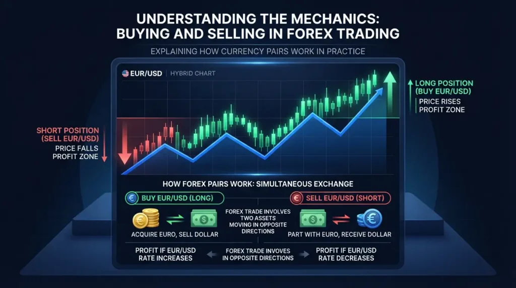 Chart detailing buying and selling mechanics for forex currency pairs.