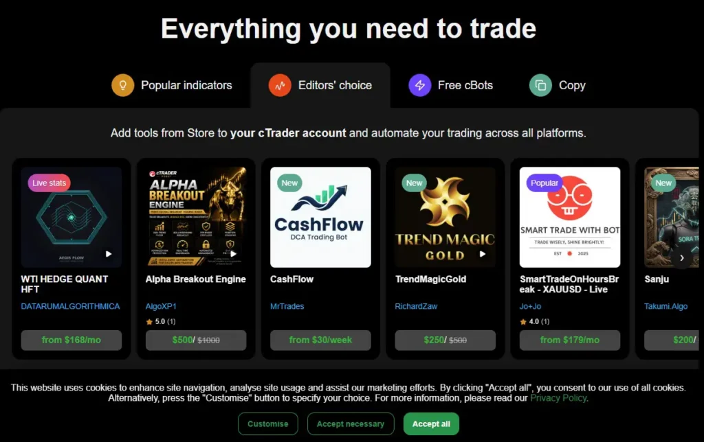 Algorithmic trading bots and indicator store available on the ctrader platform.