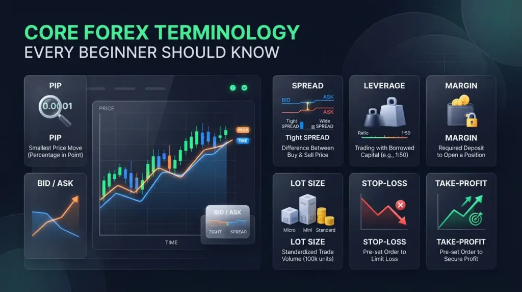 Diagram displaying core forex terminology every beginner should know with market concepts.