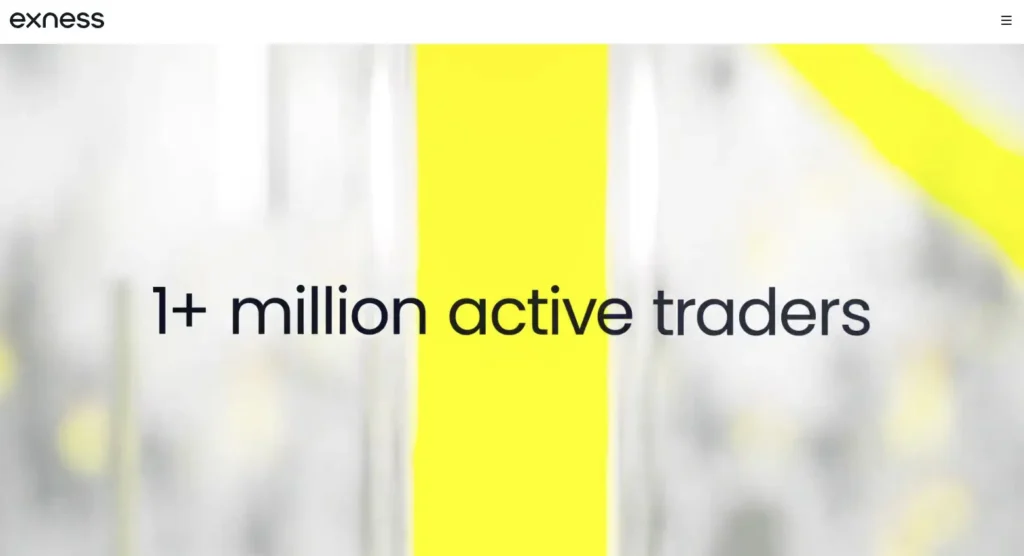 Exness broker website showing active traders benchmark and multi-asset services. 
