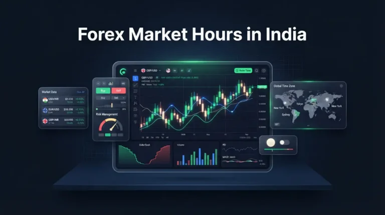 Trading terminal displaying global forex market hours in India and live currency charts.