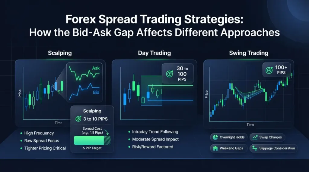 Guide to forex spread trading strategies across scalping, day, and swing trades.