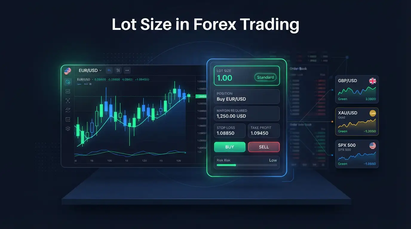 Order panel displaying a standard forex trading lot size on EUR USD.