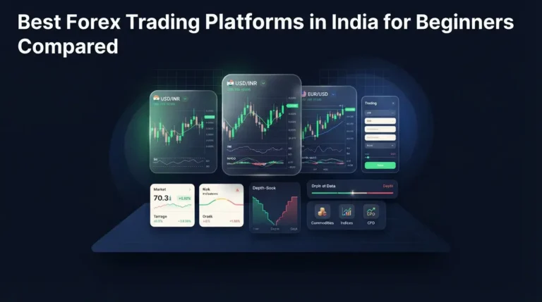Futuristic dark UI displaying USD/INR charts across modern forex trading platforms.