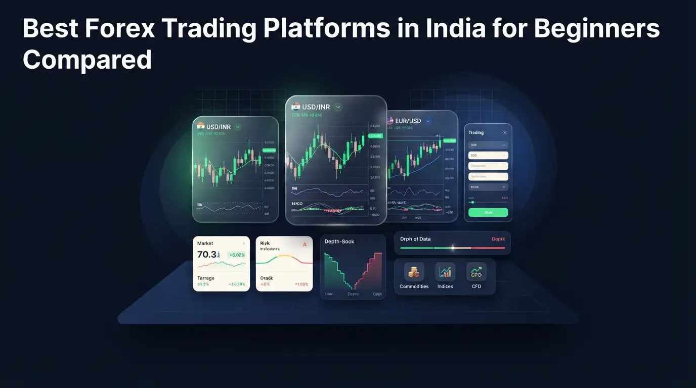 Futuristic dark UI displaying USD/INR charts across modern forex trading platforms.
