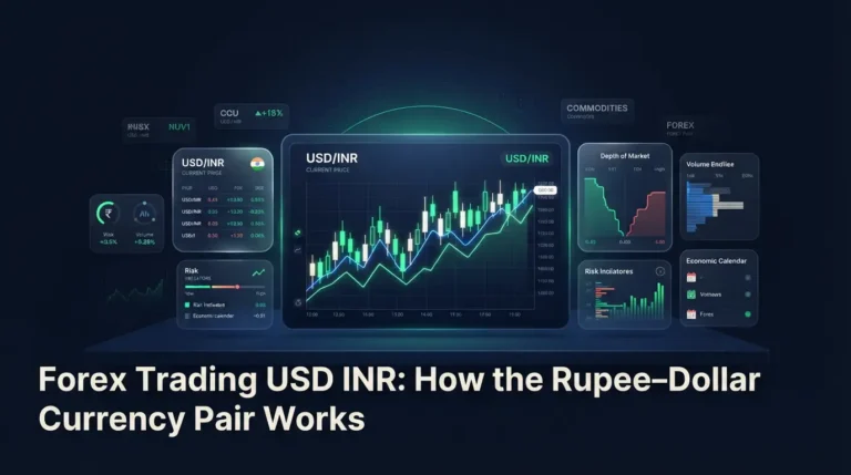 Digital dashboard showing a forex trading USD INR candlestick chart and market data.