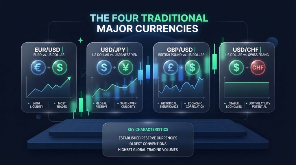 Overview diagram of the four traditional major currencies in forex. 
