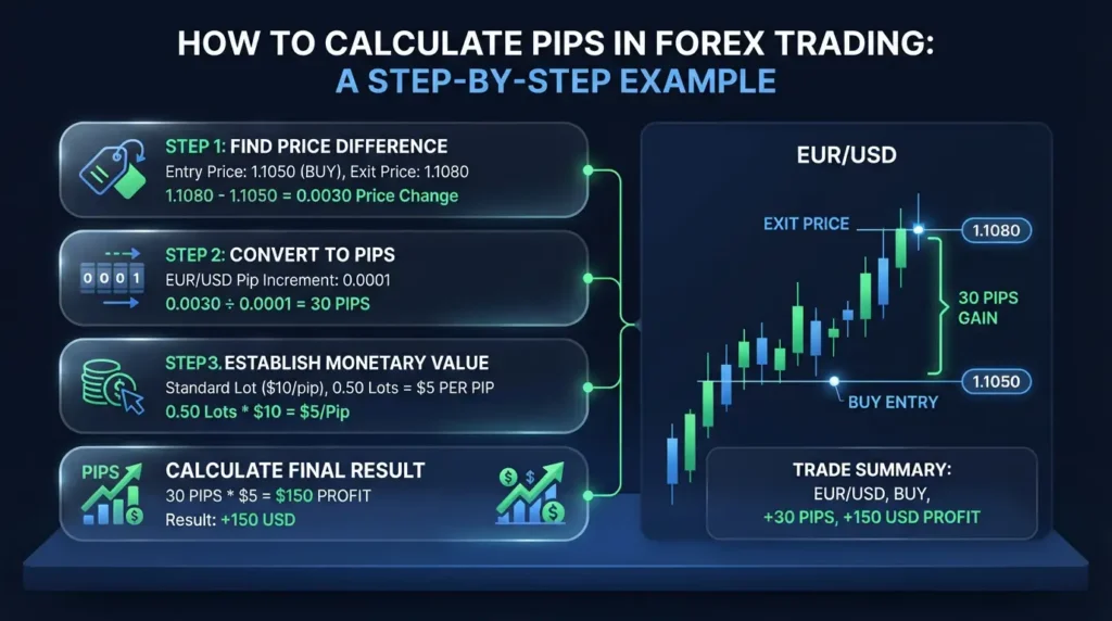 Guide showing how to calculate pips in forex trading with a EUR USD example.