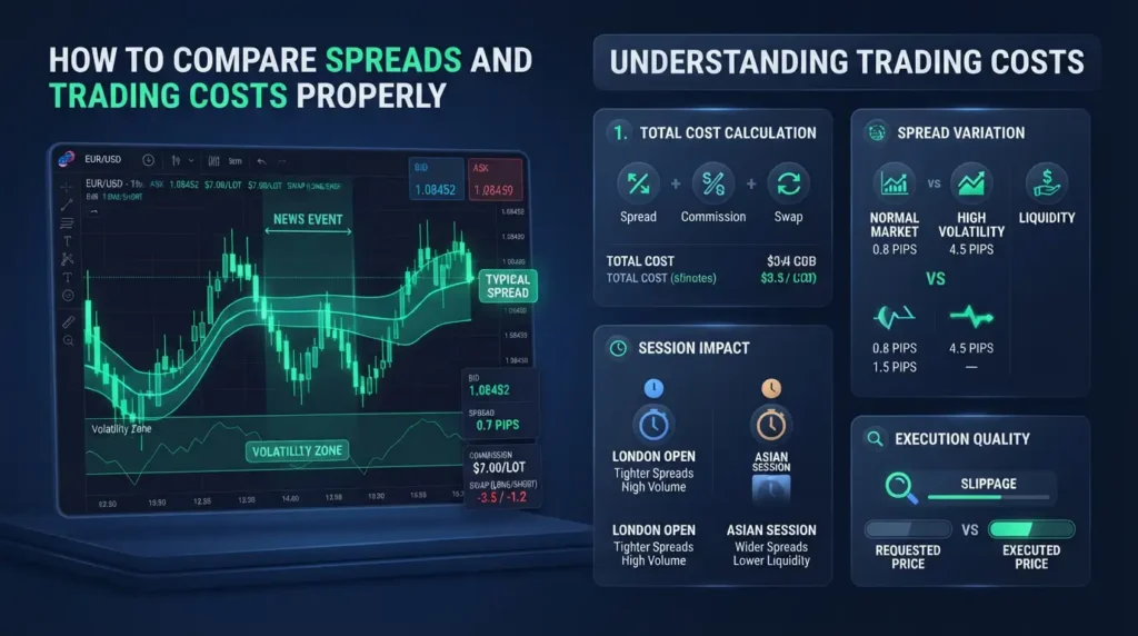 Guide on how to compare spreads and trading costs properly using chart data.