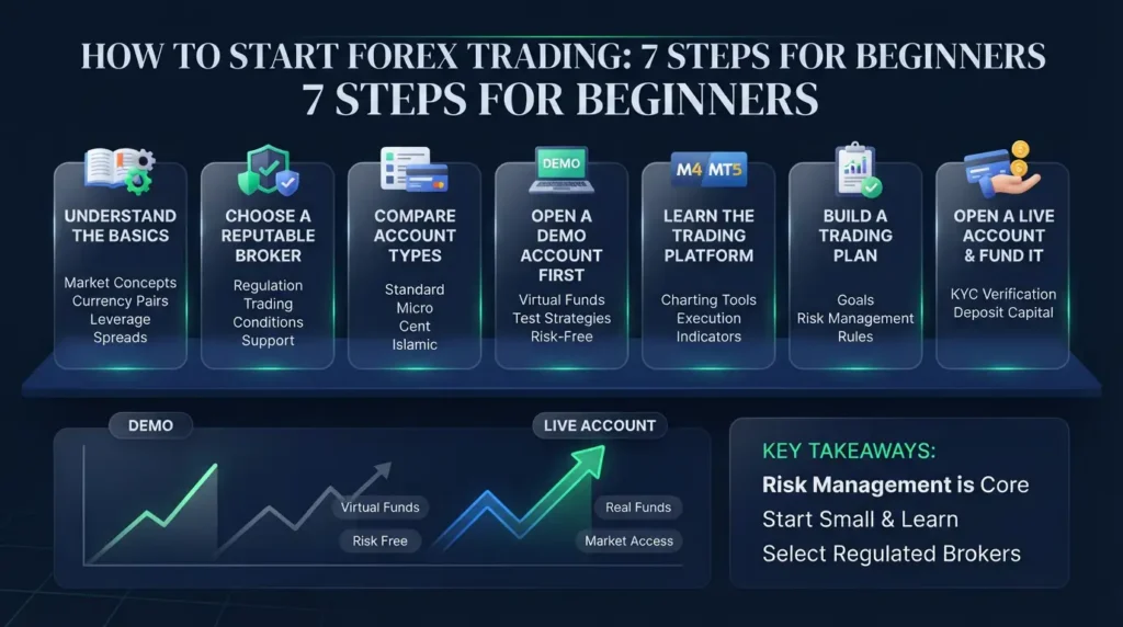 Infographic on how open account and start trading forex step step guide for beginners. 