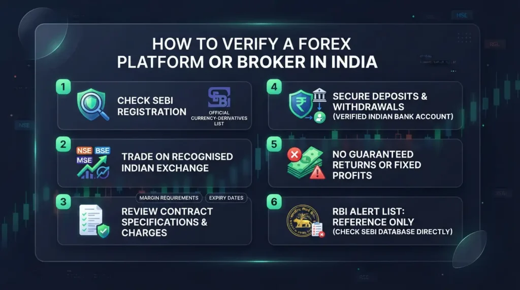 Infographic demonstrating how verify forex platform or broker india using regulatory lists.