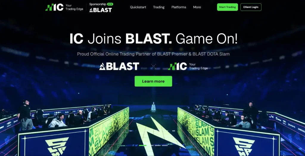 IC Markets online trading partner banner showing esports stadium background and platform access. 
