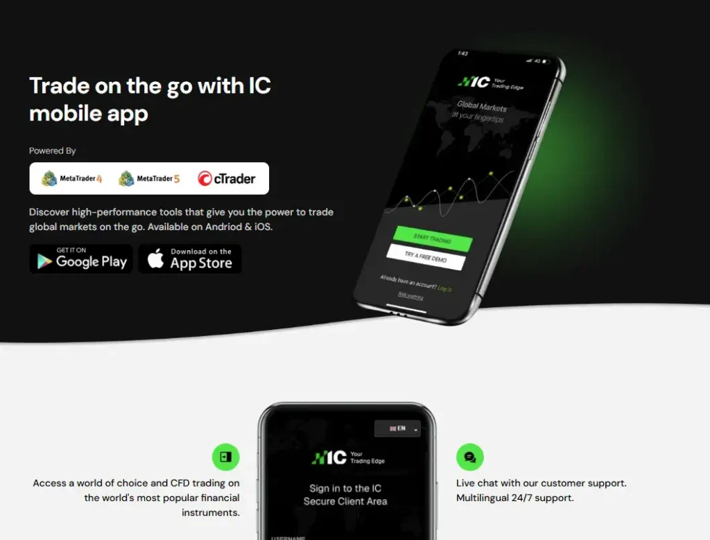 Smartphone displaying account access features for mobile trading on the ic markets app. 