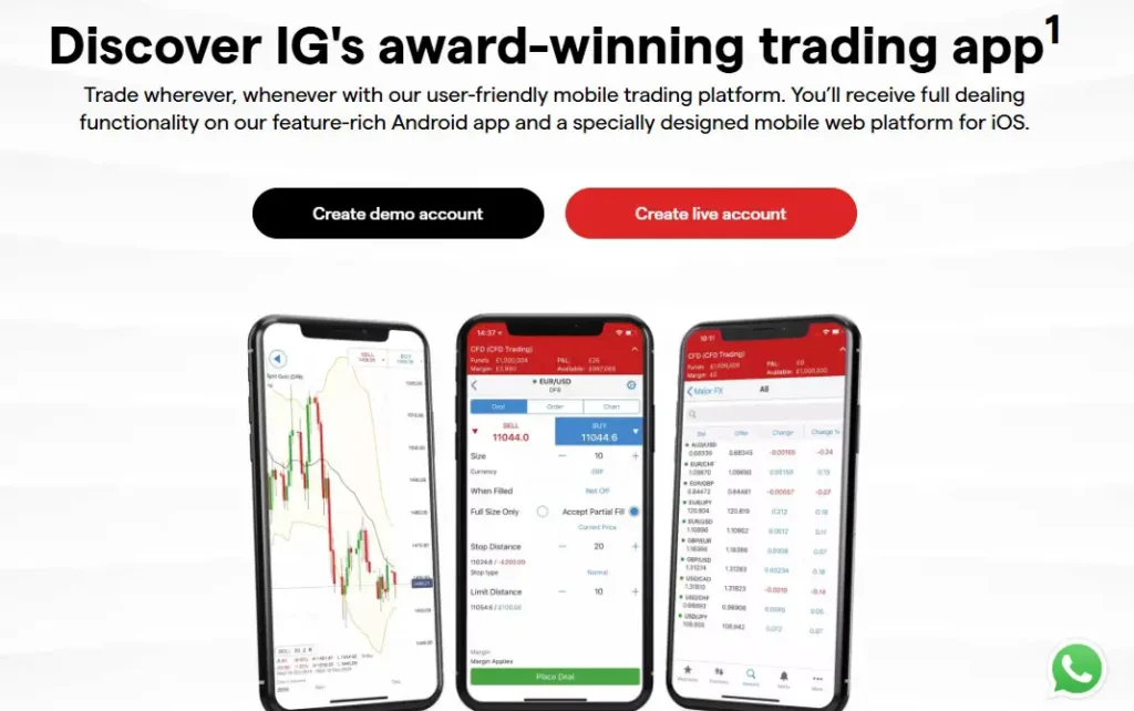 Three smartphones showing real-time forex charts and position tools on the ig app. 