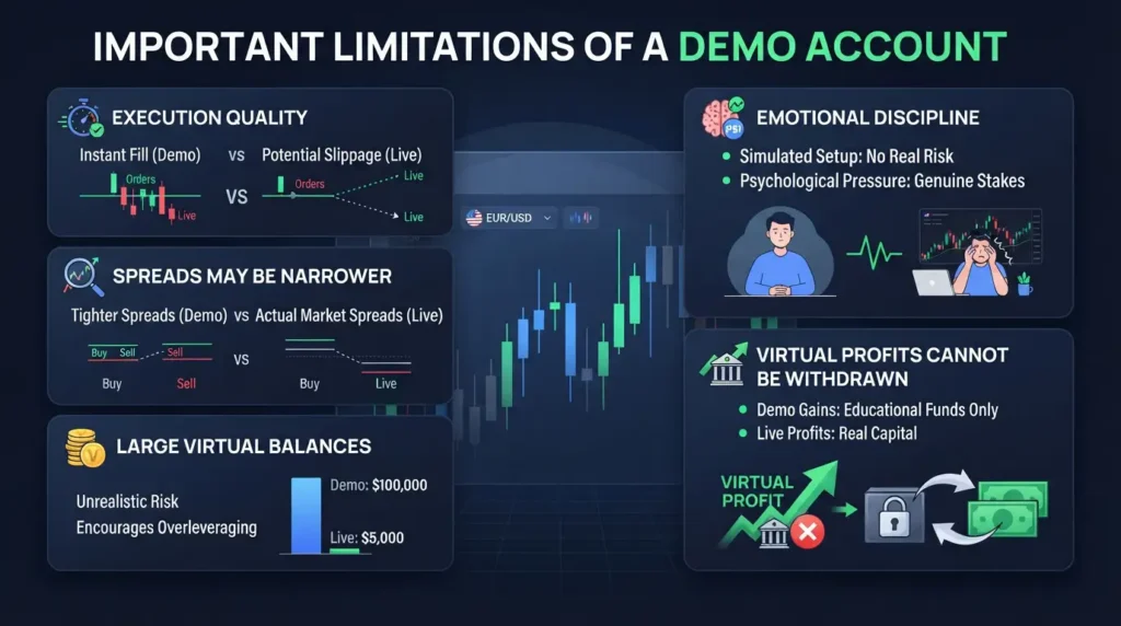 Overview highlighting important limitations of a demo account versus live trading.