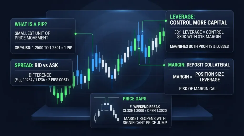 Infographic detailing key fx concepts explained including pips, spread, leverage, and margin.