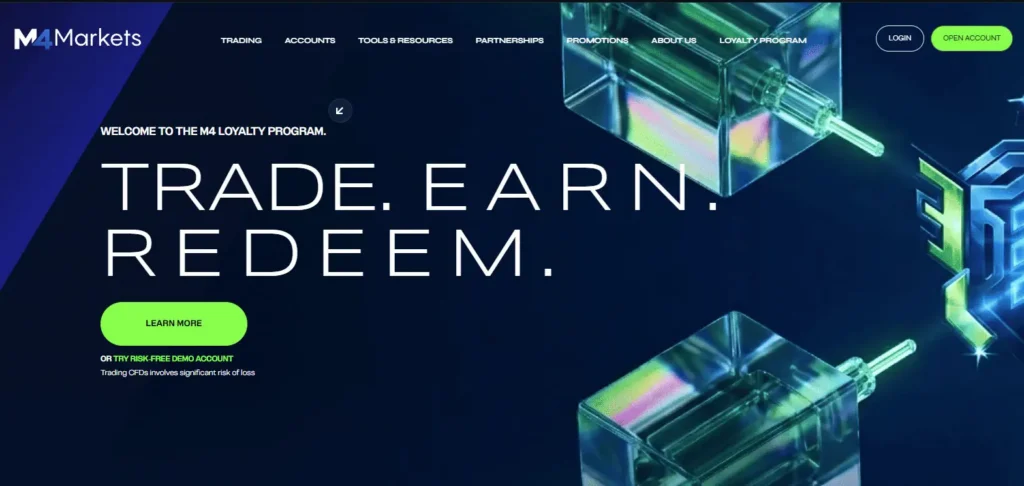 M4Markets trading platform banner presenting multi-asset brokerage services and demo options. 