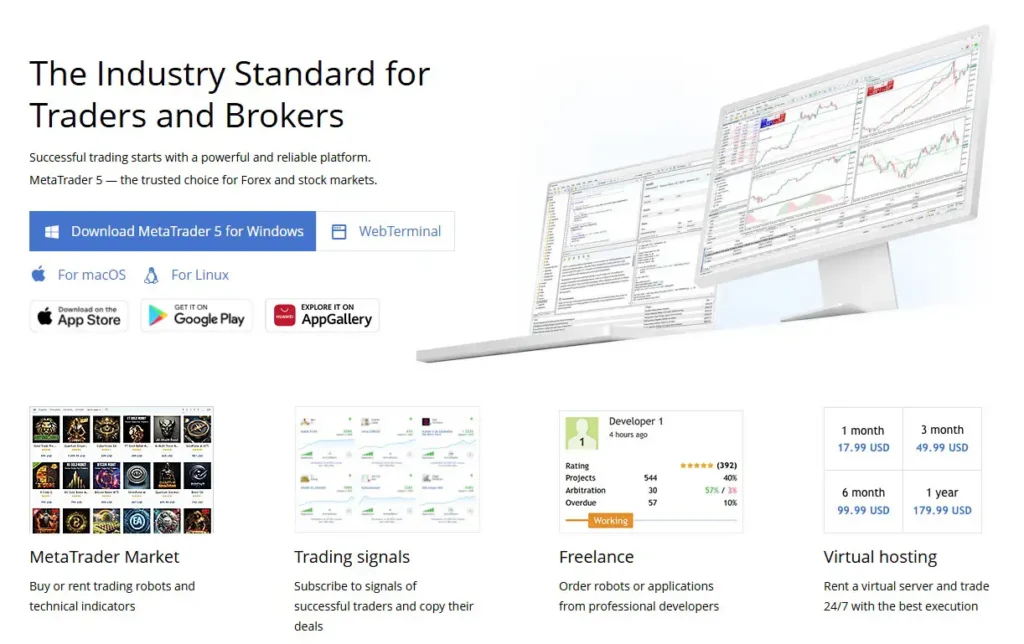 MetaTrader 5 interface displayed on desktop monitors showing trading tools and charts for mt5.