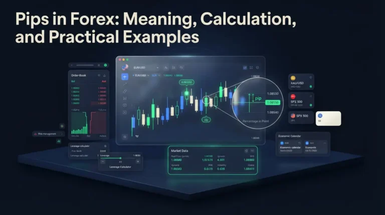 Forex trading platform displaying pips in forex movement on candlestick charts.