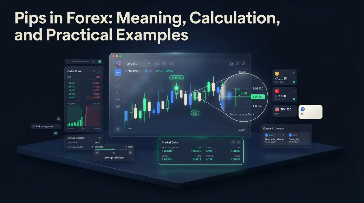 Forex trading platform displaying pips in forex movement on candlestick charts.