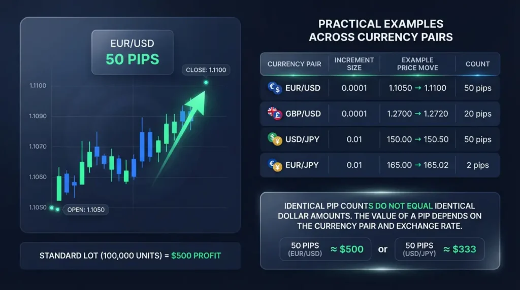 Comparative table with practical examples across currency pairs showing pip values.